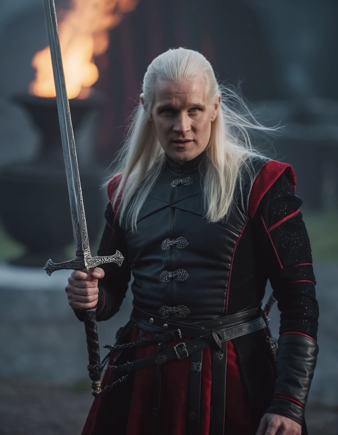 high resolution photo of da3mon, he has long white hair,full body shot,the scene has a dramatic look,he is wearing a black and red outfit,he is holding a sword,volumetric lighting and bokeh,the background is super detailed,the shot is cinematic