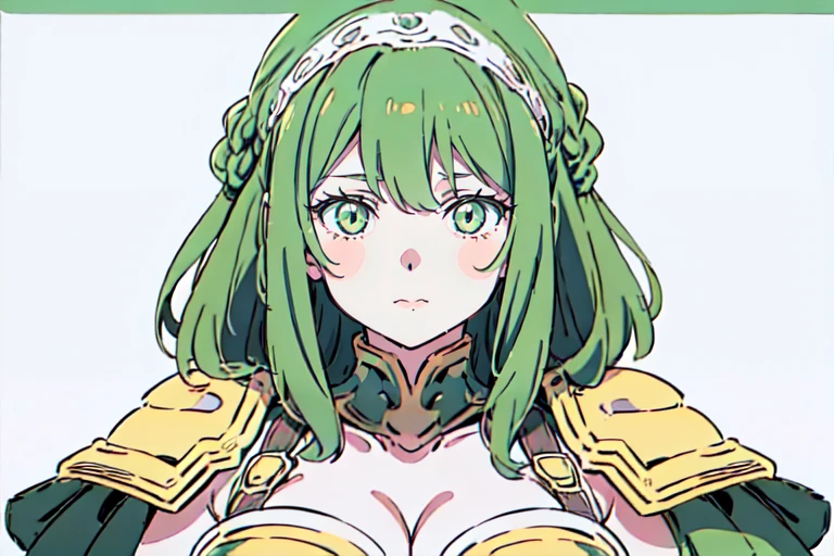 xxgengast, ccflatcolor, ssfillbackground, upper body, looking at viewer, solo, breasts, bangs, large breasts, cleavage, green eyes, braid, hairband, medium hair, armor, wavy hair, shoulder armor
 <lora:genga style-000002:1>