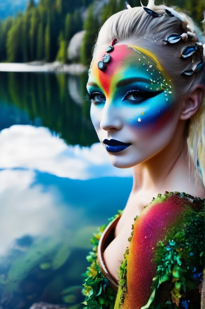 photo from a lake on a mountain, style \(artistic makeup\),
 <lora:artmakeup_bit_winks_v53:0.8>