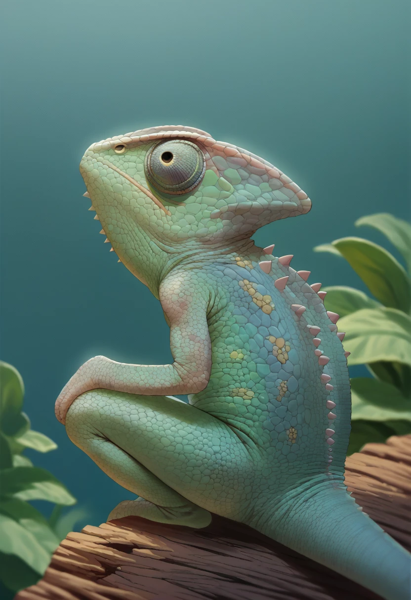 score_9, score_8_up, score_7_up, source_anime, Chameleon, lizard, back spikes, feral, scales, animal focus, no humans, shinjichair, sitting, head down, <lora:ChamChameleonPonyXL:1>, <lora:concept_shinjichair_ponyXL:0.8>