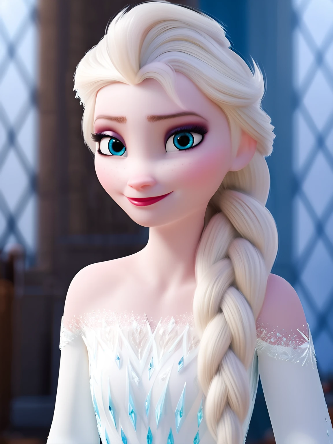 score_9, score_8_up, score_7_up, score_6_up, score_5_up, score_4_up,elsa \(frozen\) in the corridor of the library,toplesss, looking at viewer,smile,(Elsa's White Dress:0.5),upper body,long straight hair, worm light,upper body, incredibly absurdres,ultra-detailed, wallpaper,realistic,photorealistic,raw photo,masterpiece,best quality,, <lora:Frozen_elsa_textV1-PonyXL:0.8>