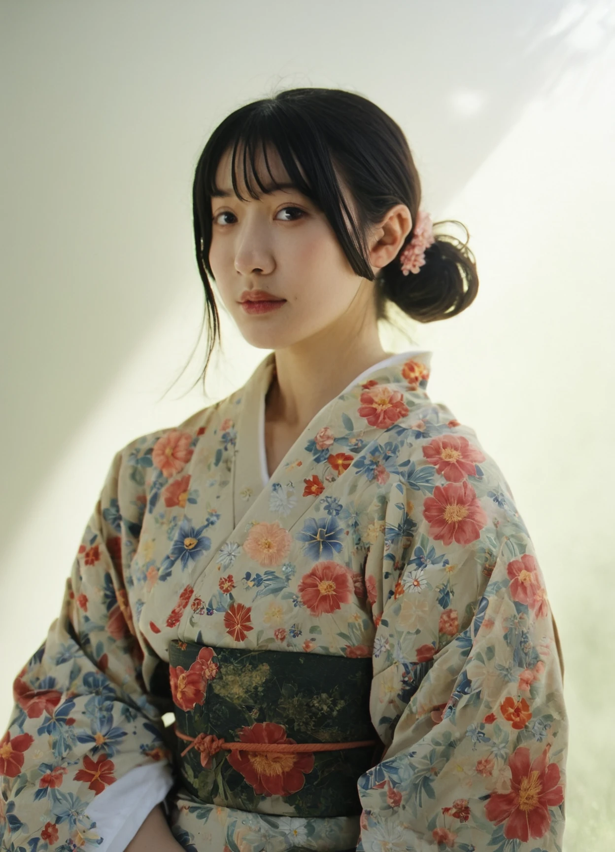 score_8_up BREAK realistic, photo , irl, vhs, analog photography,1girl, black hair, japanese clothes, floral print, short hair, dappled sunlight, simple background, <lora:RetouchPhoto_PonyV6_v3.1:1>