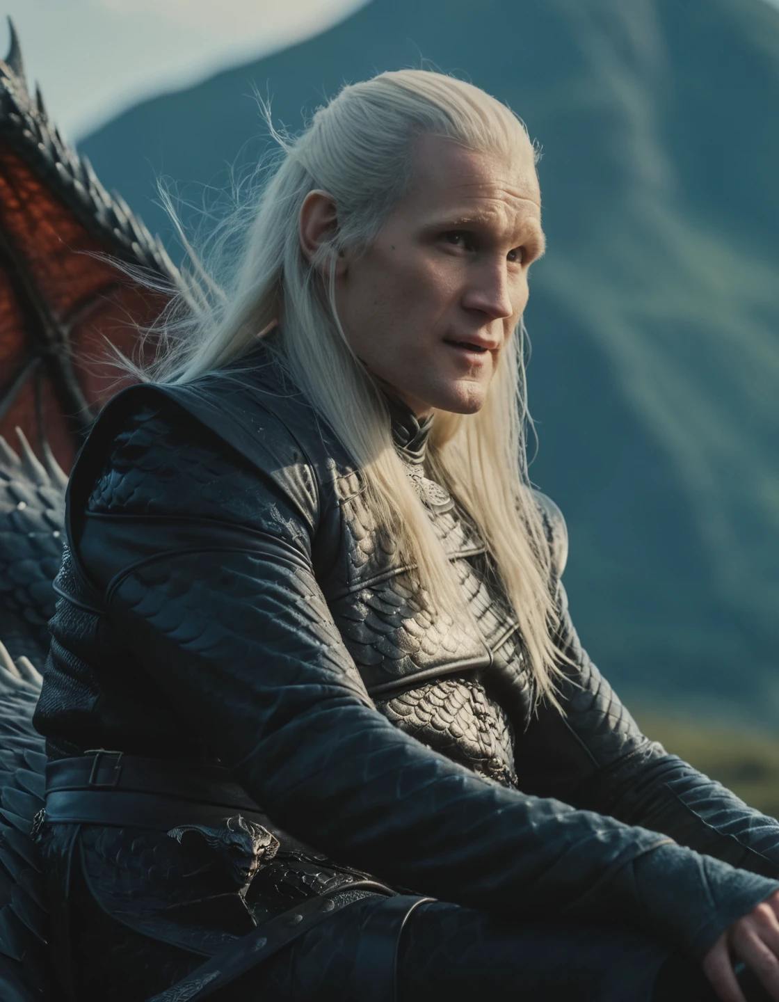 high resolution photo of da3mon, he has long white hair,sitting on a dragon,the scene has a dramatic look,volumetric lighting and bokeh,the background is super detailed,the shot is cinematic