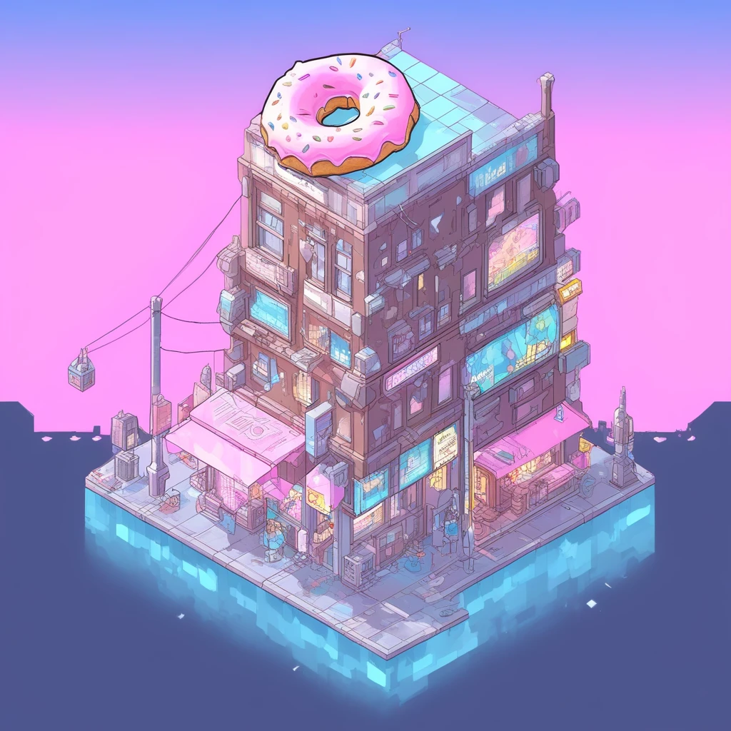 neon isometric, ground vehicle, crescent moon, blue sky, doughnut, instrument, brown hair, utility pole, crystal, storefront, silhouette, scenery, window, rock, indoors, underwater, dark skin, power armor, electricity, poster (object), wand, pants, virtual youtuber, white pants, pink sky, game boy