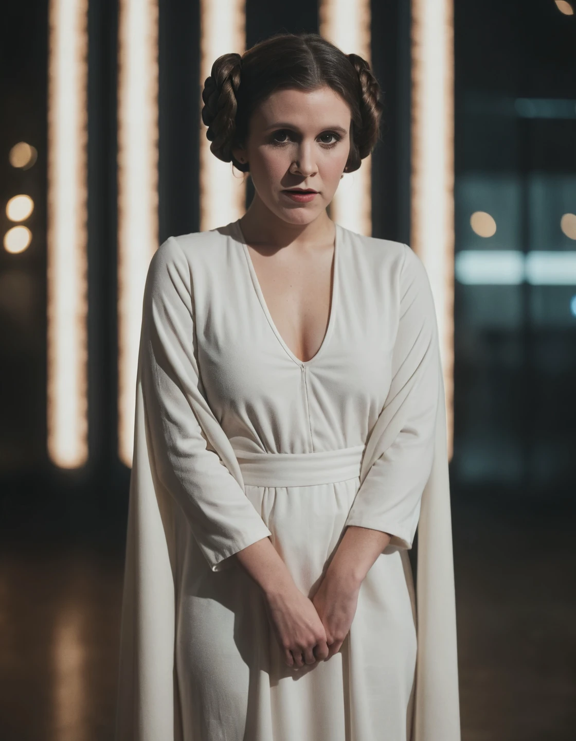 high resolution photo of le_ia with double bun and white gown full body shot,the scene has a dramatic look,volumetric lighting and bokeh,the background is super detailed,the shot is cinematic