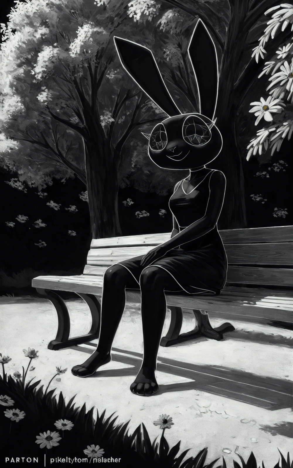 8k,4k,((Best quality, masterpiece, ultra high resolution)),((full body)), by pixelsketcher, <lora:VibriVR:0.8>,VibriVR,furry, rabbit ears, animal ears, furry female,rabbit girl, dress,black skin, polygon,black background, feet,((black dress)),complex eyes,black eyes,(monochrome),sitting, bench, flowers,park,trees