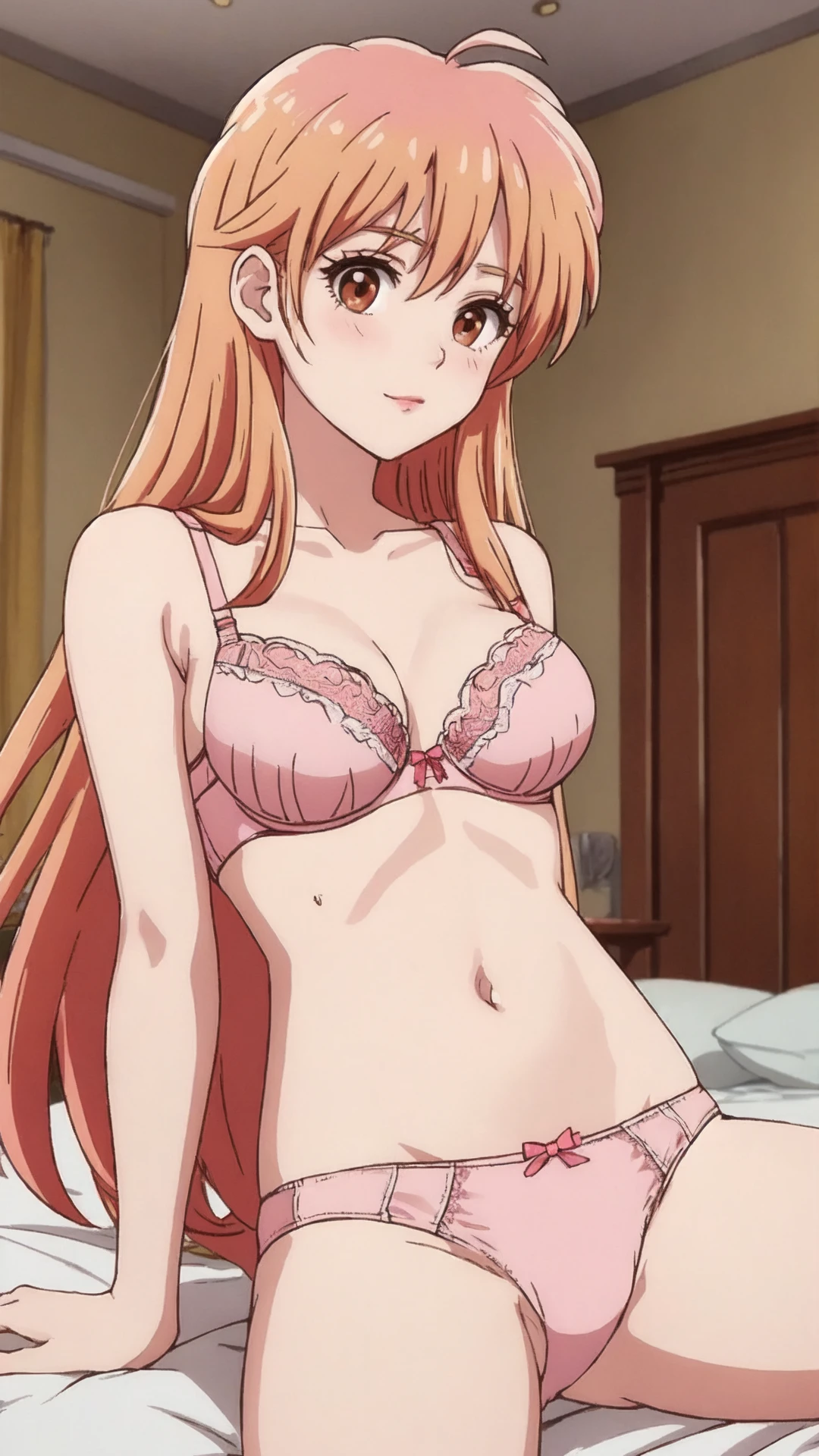 Leona, ginger blonde hair, long hair, brown eyes, sexy pink bra, sexy pink panties, in the bedroom<lora:EMS-335570-EMS:0.600000>