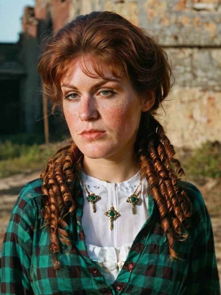 <lora:SDXL_MaryBeth:1.2>, MaryBeth, freckles, with brown hair tucked secured with a decorated hair-clip with curled hair-pieces pulled over both shoulders, wearing a green checkered shirt with a maroon long skirt with two white stripes at the end, and black boots, <lora:skin_4:0.3>, <lora:SDXL_DetailedEyes_V3:1>, <lora:Perfect Hands:0.7>, <lora:add-detail-xl:1>, <lora:SDXL_more_details:1>, <lora:SDXL_extremely_detailed:1> ,
hungry, interested, medium shot, (masterpiece, high resolution, Technicolor filmstill:1.3), the most hauntingly lovesome woman, (piercing gaze:1.2), (dark allure:1.1), bent over in a terrible ruins at morning, casting eerie shadows, (intense expression:1.1), (whispers of the night:1.2), reaching out like skeletal fingers, (fearsome atmosphere:1.2), (dread presence:1.1), shot on a 35mm Arriflex camera with an Angenieux 25-250mm f/3.2 lens, adding a cinematic quality to the haunting scene, a captivating blend of beauty and darkness in a Technicolor filmstill that evokes an ethereal sense of otherworldly enchantment, perfect eyes