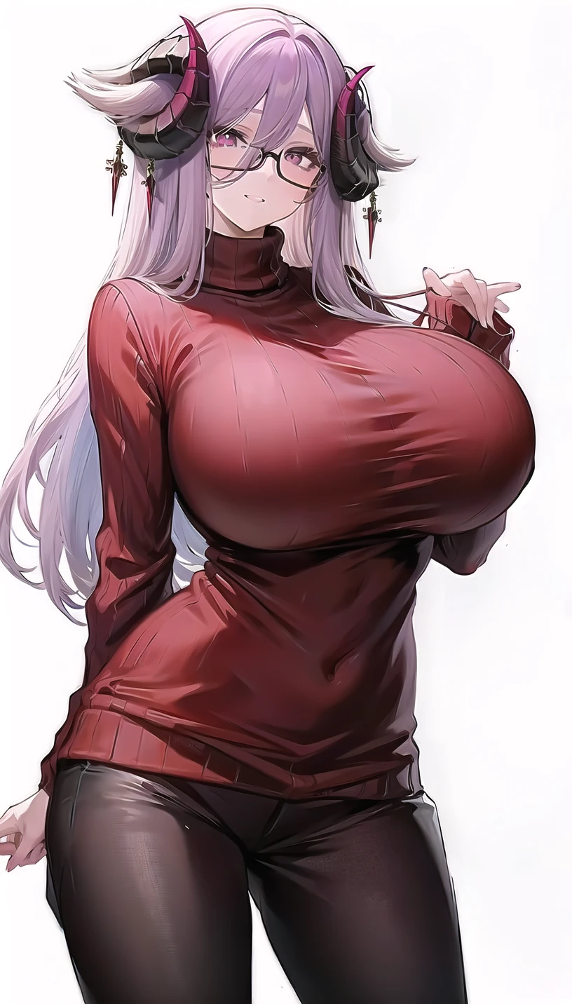 carl-hairstyle, glasses,horns,pink eyes,
(sweater:1.28),
lady,mature female, cowboy shot,
(white background,simple background:1.18),
highres,official art,original,masterpiece,best quality,
(huge breasts:1.18),
<lora:carl4:0.8>