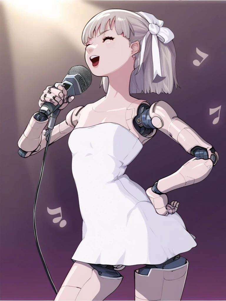 <lora:Sukabu-PonyXL-1024px:0.9>
score_5_up, score_6_up,
1girl, solo, singing, holding microphone, hand on hip, wearing (white dress, strapless), android, mechanical arms, robot joints, hair_ribbon