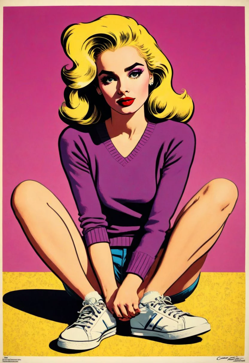 prtxztl, 1girl, can, cleavage, full body, holding, long hair, looking at viewer, purple sweater, shoes, shorts, sitting, sneakers, socks, solo, sweater, v-neck, watch, white footwear, wristwatch, screen printing, halftone printing, contemporary art, modern art, graphic art, commercial art, bold colors, bold lines, comic book style, comic art, advertising art, kitsch, retro style, vibrant colors, flat color, newsprint texture, illustration, art by Andy Warhol and Roy Lichtenstein, retro art style, ligne claire, pop art, vintage advertising poster