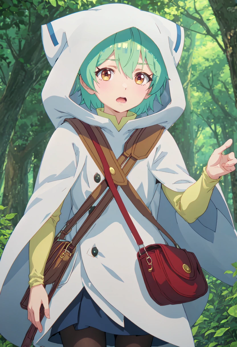 best quality, masterpiece, highres, solo, (ivy_saijakutamerwagomihiroinotabiwohajimemashita:1.10), 1girl, long sleeves, outdoors, white cloak, yellow eyes, shoulder bag, hood up, open mouth, tree, forest, looking at viewer, pantyhose, day, anime_style, 6 <lora:ivy_saijakutamerwagomihiroinotabiwohajimemashita:0.80>