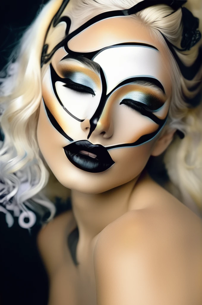 photo of a 20yo woman with blond hair , style \(artistic makeup with black lines\)
 <lora:artmakeup_bit_winks_v53:1>