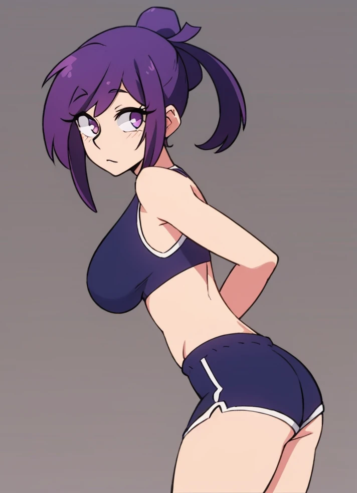 girl, standing, sports bra, side stripe shorts, large_breasts, purple_hair, shiny_skin, arms_behind_back, solo, simple_background, looking_at_viewer, from_front, straight_on, <lora:YuzurihaV1:0.5>, 
<lora:homebrew_tobias_wheler:0.7>