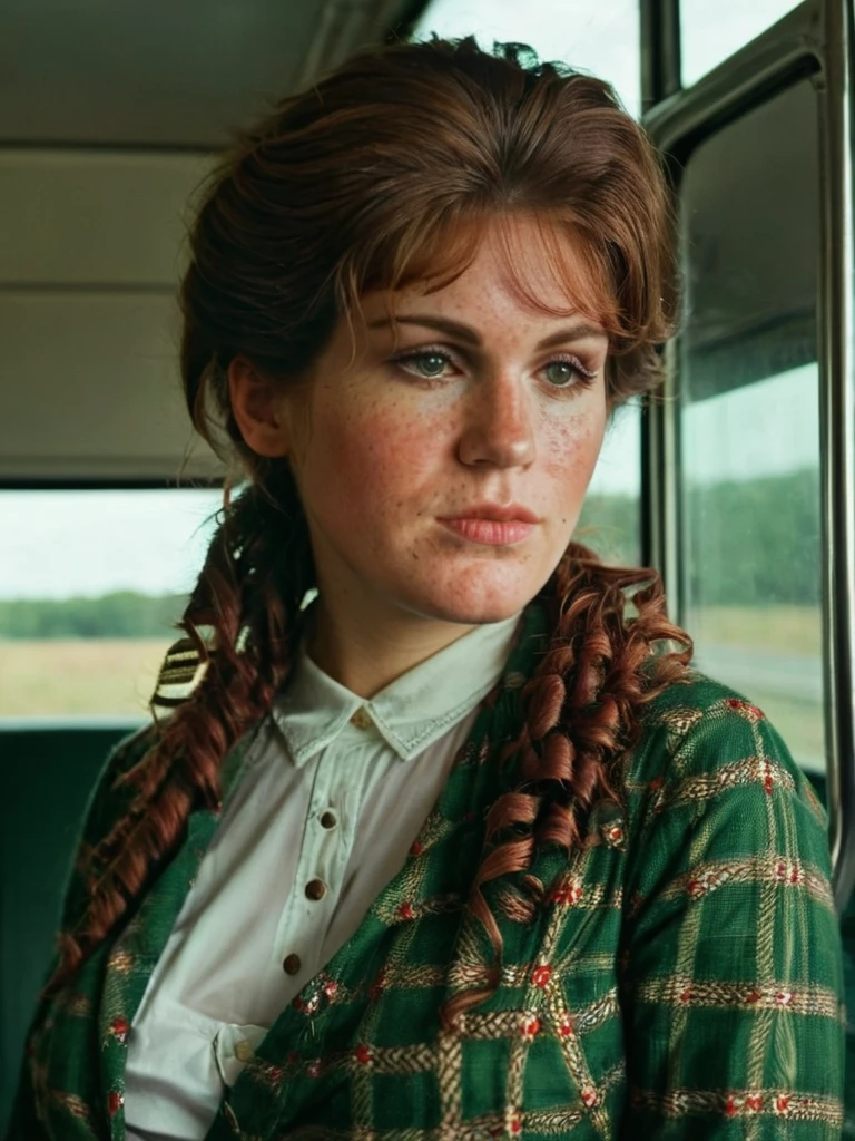 <lora:SDXL_MaryBeth:1.2>, MaryBeth, freckles, with brown hair tucked secured with a decorated hair-clip with curled hair-pieces pulled over both shoulders, wearing a green checkered shirt with a maroon long skirt with two white stripes at the end, and black boots, <lora:skin_4:0.3>, <lora:SDXL_DetailedEyes_V3:1>, <lora:Perfect Hands:0.7>, <lora:add-detail-xl:1>, <lora:SDXL_more_details:1>, <lora:SDXL_extremely_detailed:1> ,
worried, smug, medium shot, (masterpiece, high resolution, Technicolor filmstill:1.3), the most hauntingly presentable woman, (piercing gaze:1.2), (dark allure:1.1), rabbit pose in a threatening bus interior at late morning, casting eerie shadows, (intense expression:1.1), (whispers of the night:1.2), reaching out like skeletal fingers, (atrocious atmosphere:1.2), (disconcerting presence:1.1), shot on a 35mm Arriflex camera with an Angenieux 25-250mm f/3.2 lens, adding a cinematic quality to the haunting scene, a captivating blend of beauty and darkness in a Technicolor filmstill that evokes an ethereal sense of otherworldly enchantment, perfect eyes