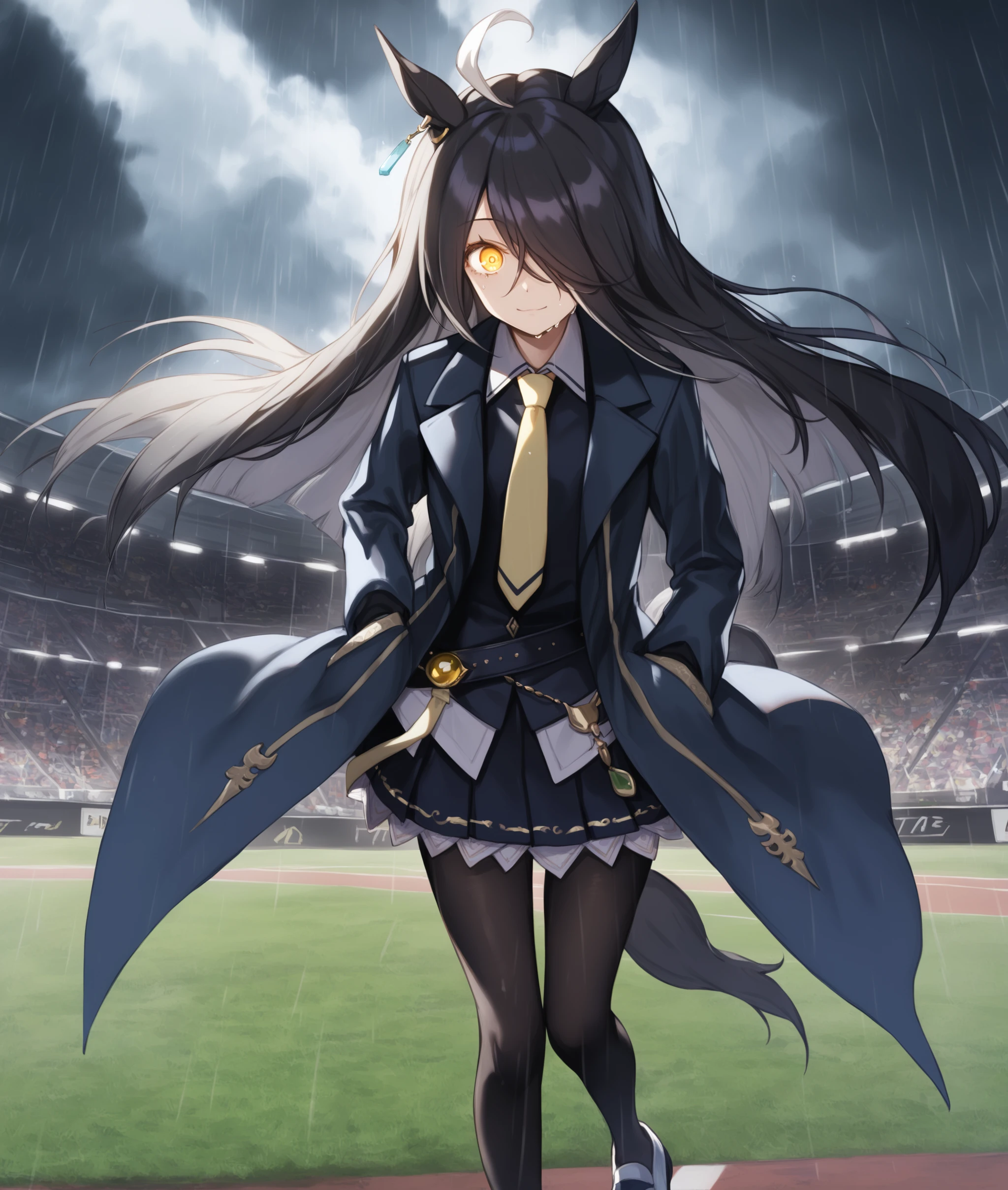 score_9, score_8_up, score_7_up, 2D, anime BREAK
perspective,
(glowing golden eyes, crazy eyes, storm, heavy rain, dirty, wet, night, dark:1.2), storm, thunder, cool, (grassland, racing), gym,
shobufuku, 1girl, solo, long hair, looking at viewer, bangs, shirt, black hair, gloves, animal ears, jewelry, yellow eyes, ahoge, pantyhose, pleated skirt, necktie, shoes, black gloves, black skirt, hair over one eye, coat, black pantyhose, horse ears, horse girl, black coat, yellow necktie, tall, long legs, hand in pocket, full body,
<lora:Manhattan Cafe-ponyXL_locon:1>,
