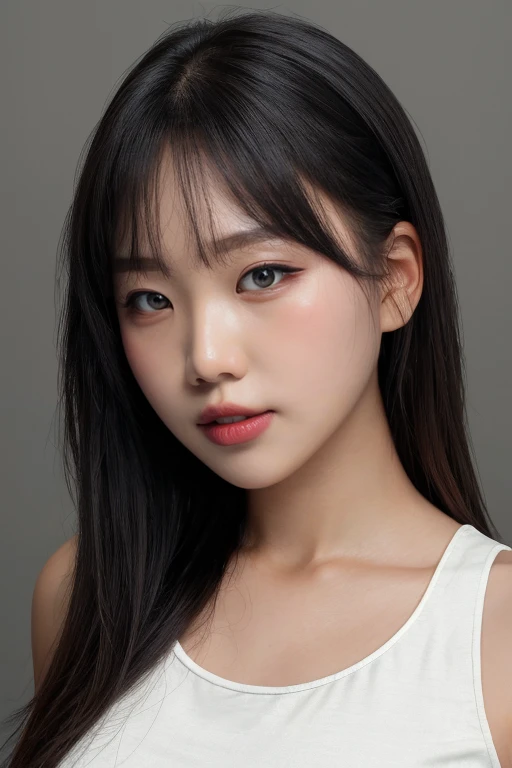 masterpiece, best quality, ultra-detailed, ultra high res, (photorealistic:1.4), raw photo, (realistic:0.2), 8k HDR, realistic lighting, 1girl, solo, looking at viewer, asymmetrical hair, (detailed oily skin), (detailed face), (simple gray background :1.1), (upper body:1.2), simple dress, sleeveless,