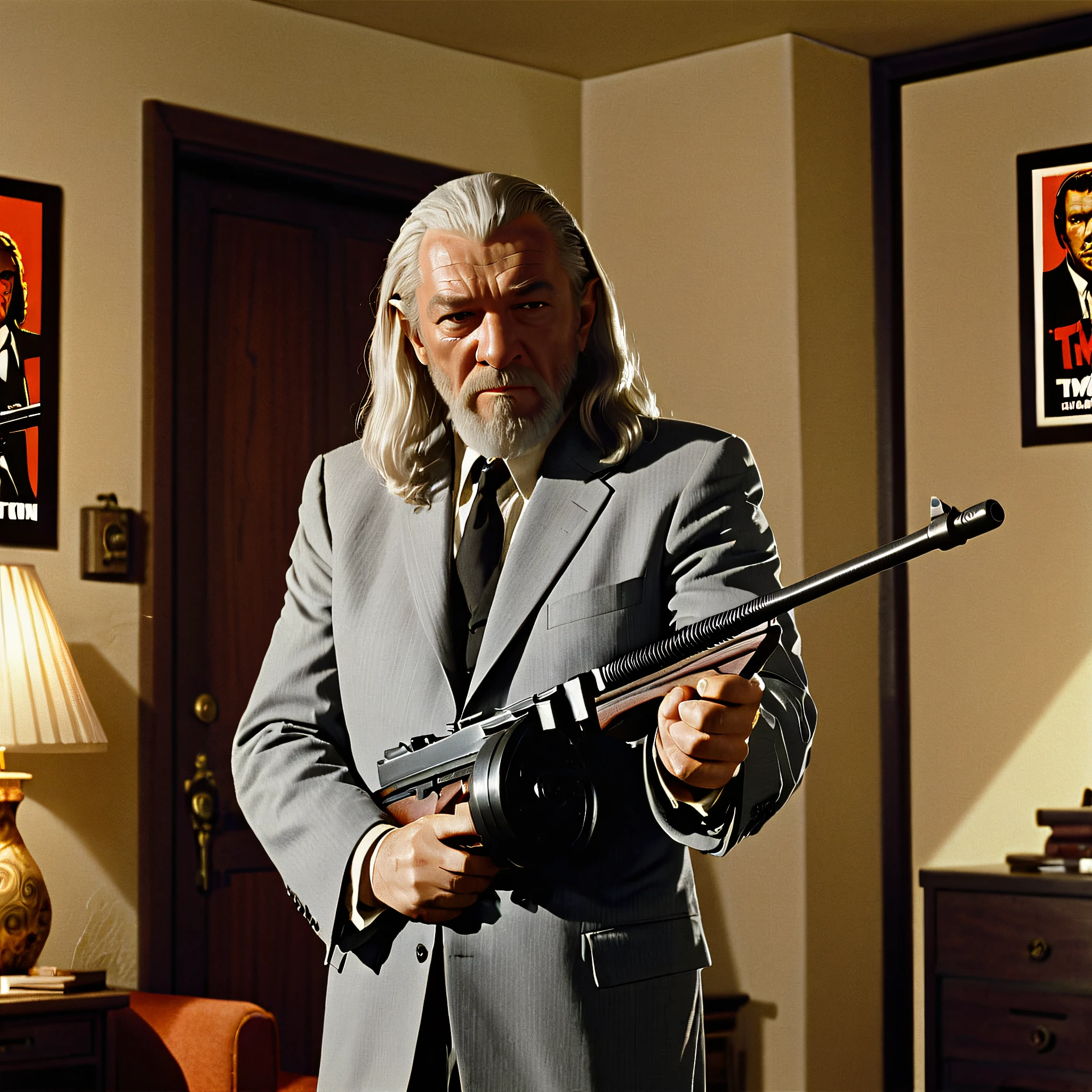 Gandalf aiming a rifle in the apartment scene from Pulp Fiction, tmmygn, tarantino, wizard, movie poster, grey suit, movie grain,