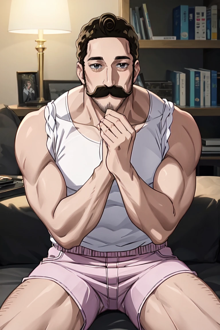 masterpiece, best quality, ultra-detailed, glistening shiny, glowing light, ray tracing, HDR, deph of field, (perfect face, detailed face), <lora:Alaindelon:0.8>, alaindelon, mustache, facial hair, muscular, white tank top, pink shorts, hands on own chest