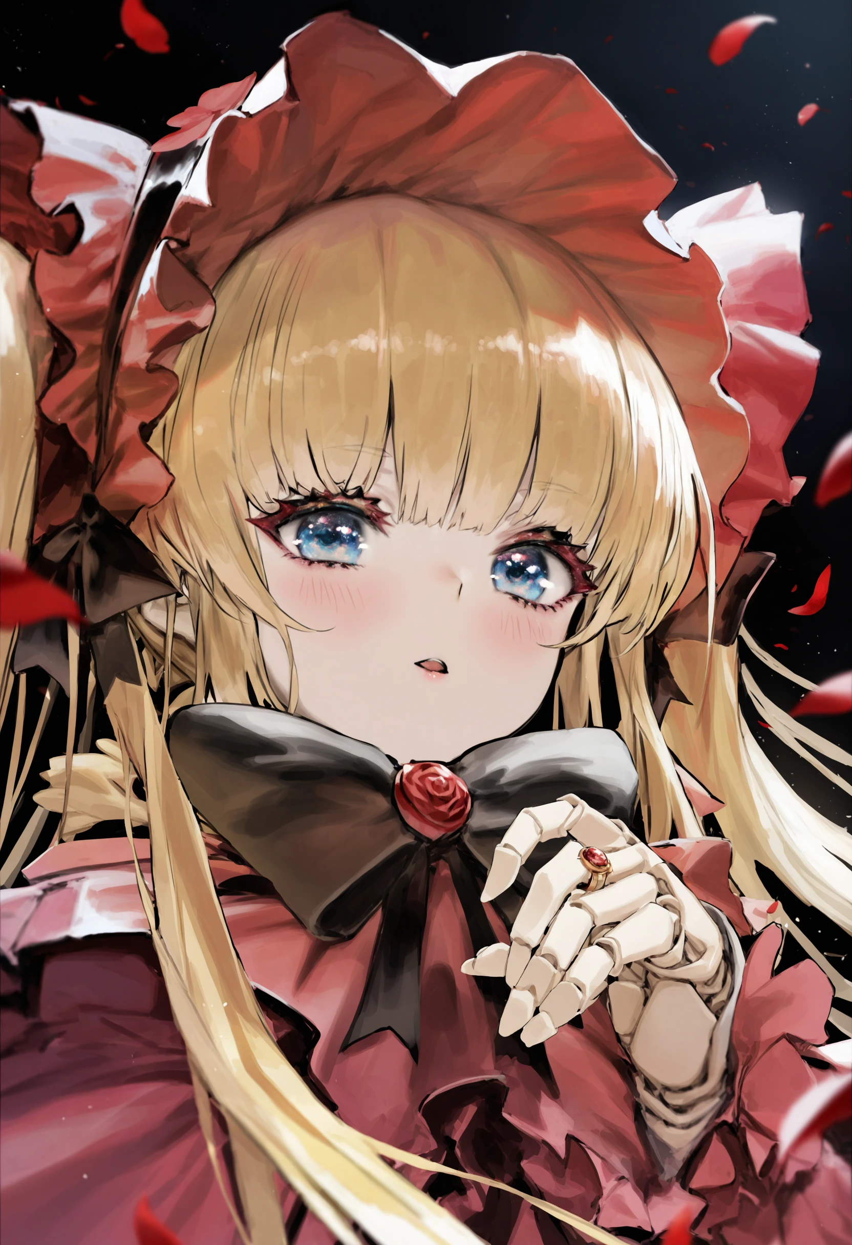 best quality, masterpiece, 1girl, shinku, solo, blonde hair, blue eyes, long hair, bow, dress, looking at viewer, blush, bangs, petals, black background, jewelry, red dress, bonnet, twintails, ring, red headwear, black bow, long sleeves, upper body, capelet, bowtie, very long hair, parted lips, sidelocks, simple background, open mouth, red capelet, doll joints, joints
<lora:rsefXLlokr4f-000143:0.95>