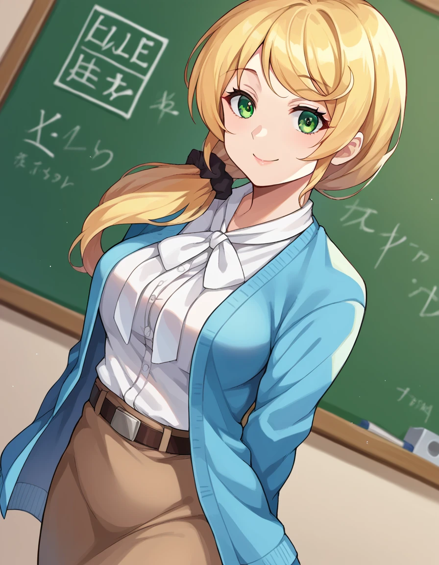 score_9, score_8_up, score_7_up, source_anime,
ellenbaker, <lora:ellen-baker-ponyxl-lora-nochekaiser:1>
ellen baker, blonde hair, green eyes, long hair, ponytail, scrunchie, mature female,
shirt, white shirt, collared shirt, cardigan, blue cardigan, belt, skirt, brown skirt, pencil skirt,
indoors, classroom, smile,
looking at viewer, cowboy shot, dutch angle,