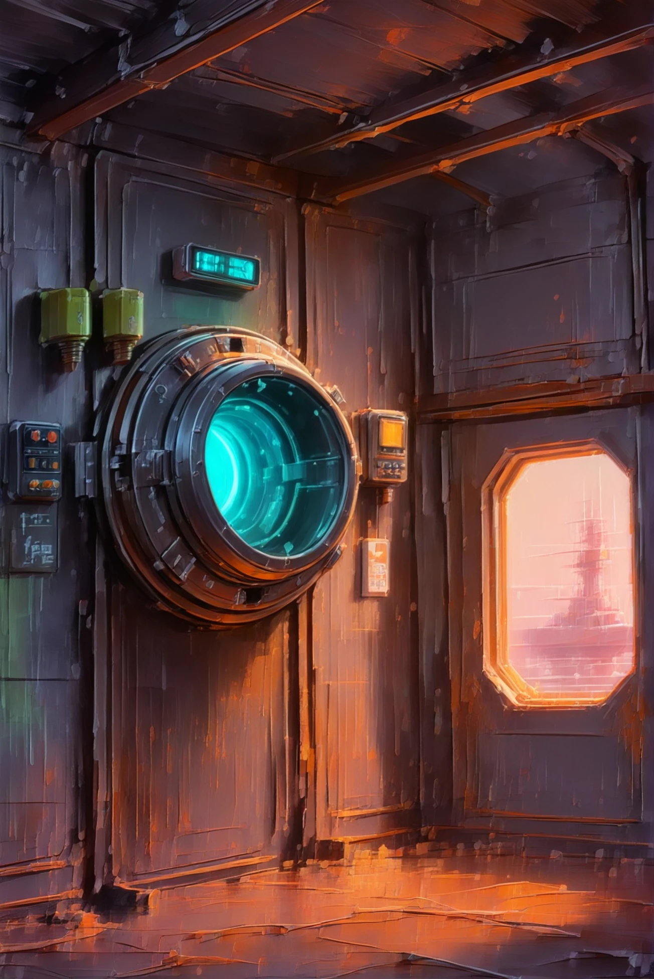 digital painting, <lora:EnvyDarkImpressionismXL01:1.5> Airlock and Docking Port \(room\) in a dilapidated,abandoned fantasy settlement outside of reality