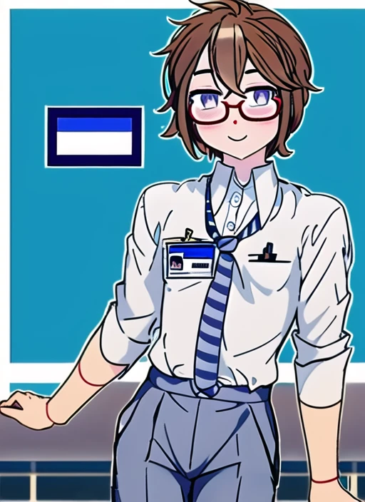 <lora:kafukastel18:0.85> kafukastel, 1boy, glasses, sleeves rolled up, solo, striped, black pants, id card, masterpiece