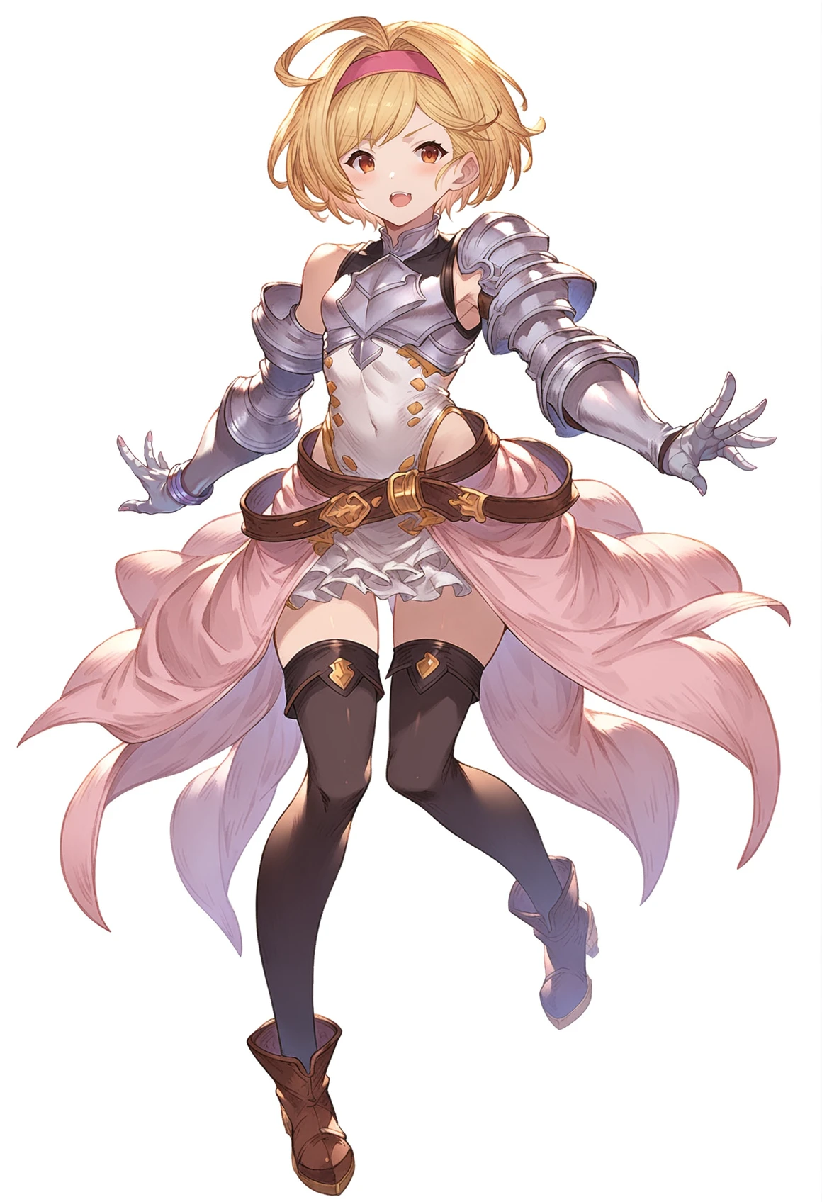 score_9, score_8_up, score_7_up, score_6_up, masterpeice, BREAK
source anime, granblue_fantasy_style_xl, granblue, 1girl, blonde hair, djeeta (granblue fantasy), solo, thighhighs, hairband, silver armor, short hair, boots, gauntlets, brown eyes, sheath, full body, black thighhighs, gloves, skirt, shoulder armor, sheathed, belt, pink hairband, breastplate, zettai ryouiki
<lora:granblue_fantasy_style_pony:1>