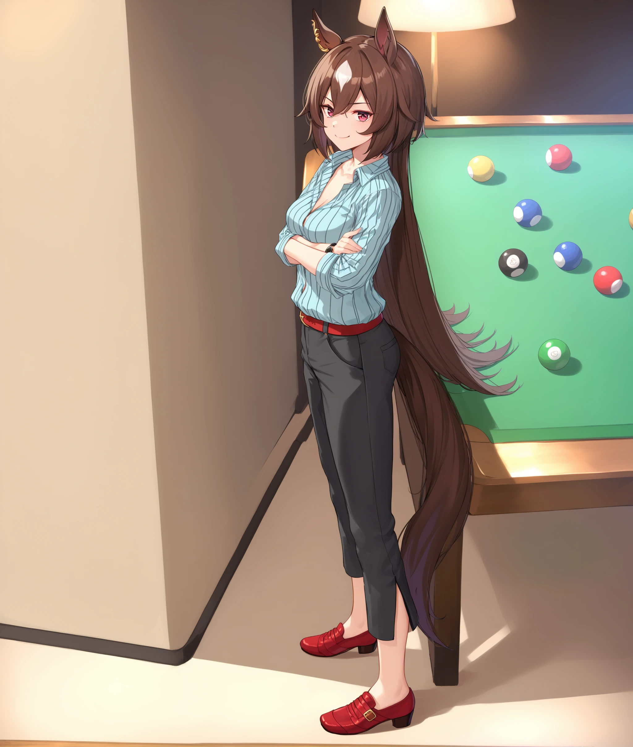 score_9, score_8_up, score_7_up BREAK
billiards, club, against wall, from side,
casual_clothes, 1girl, solo, long hair, breasts, looking at viewer, bangs, brown hair, shirt, red eyes, animal ears, hair between eyes, jewelry, medium breasts, purple eyes, collarbone, tail, (full body), multicolored hair, shoes, alternate costume, striped, belt, pants, two-tone hair, streaked hair, black pants, horse ears, horse girl, casual, red footwear, horse tail, watch, striped shirt, wristwatch, vertical-striped shirt,
naughty face, smile, (arms crossed, looking at viewer),
<lora:Sirius Symboli-ponyXL:0.8>,