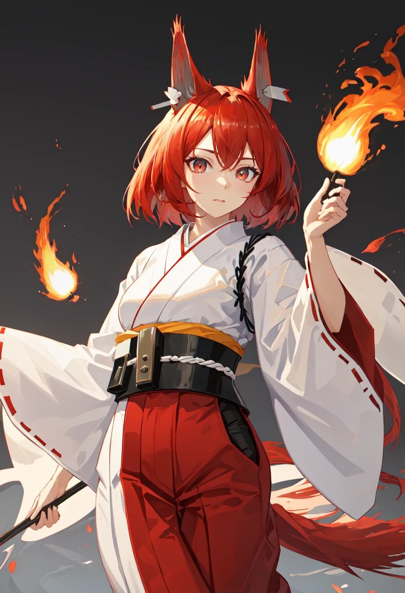 best quality, masterpiece, highres, solo, (flametail_arknights:1.10), (white kimono:1.35), (red hakama:1.35), (wide sleeves:1.20), 17 <lora:flametail_arknights:0.80>