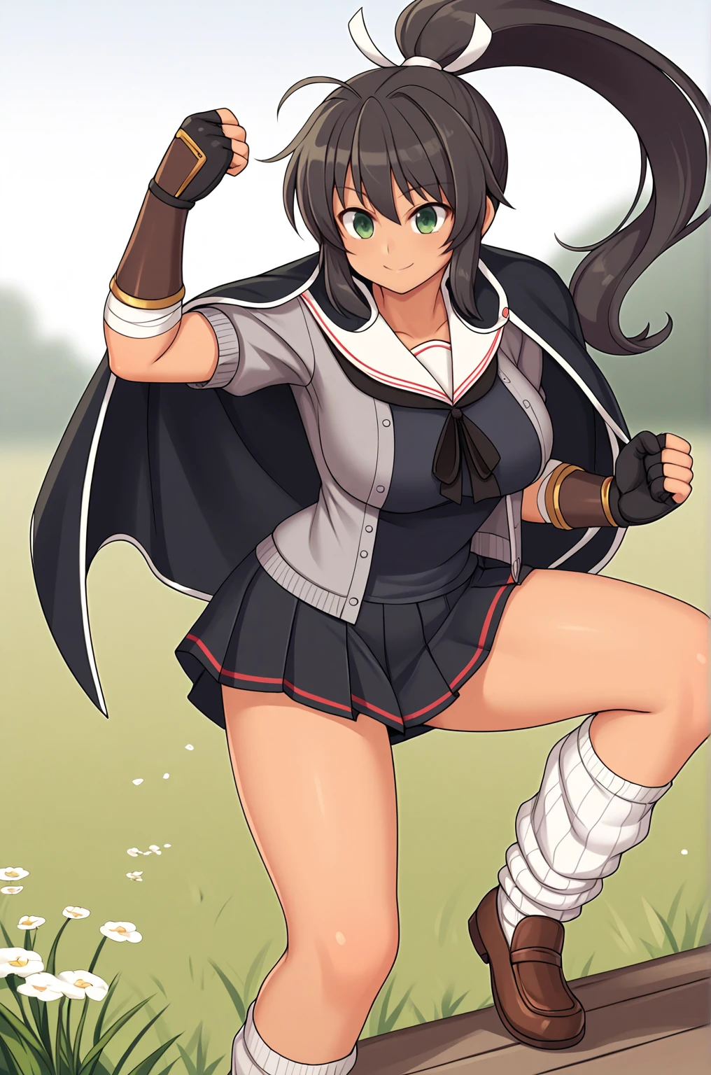 ultra-detailed, madeon, foreshortening, perfect anatomy, beautiful detailed eyes, manga style, sharp sketch, anime screencap, cinematic lighting, One active girl standing with hands on hips in outdoor with big chests, 
 nishi kinuyo, Long Hair, chi-hatan army uniform, skirt, (skirt lift:1.2), smile, uniform, Black Hair, Brown eyes, Jacket, boots, yellow skirt, pantyhose, army,  army uniform, miniskirt, White panties, asymmetrical bangs, Long sleeve, Black footwear, knee boots,  bangs, brown Jacket, chests,  shirt, white shirt, big_chest,Type97 Medium Tank, (black outline), city,