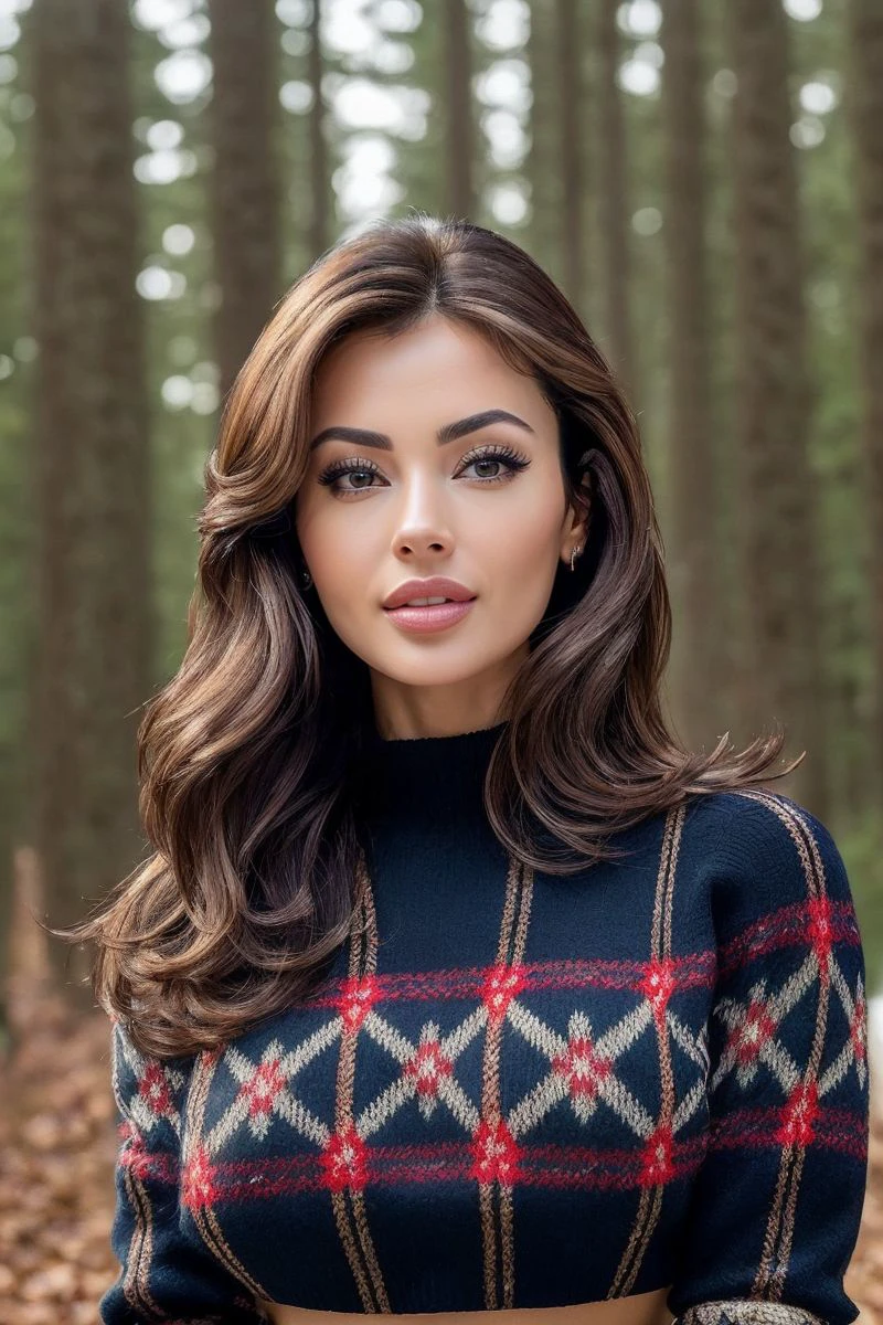 photo of S367_AlenaKhovrina,a stunning woman,in a (forest:1.1),wearing a (tartan-sweater:1.1),(leggings),(sunset),(4k, RAW photo, best quality, 35mm, depth of field, ultra high res:1.1),(intricate, photorealistic, cinematic-shot, masterpiece, ultra-detailed:1.1),