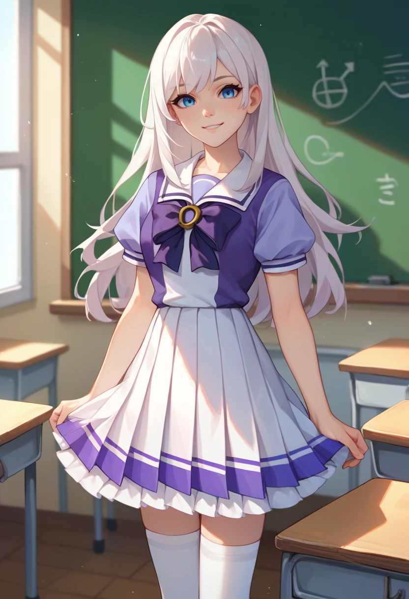 score_9, score_8_up, score_7_up, source_anime, solo, 1girl, smile, looking at viewer, standing, long hair, white hair, blue eyes, summertracen, tracen school uniform, purple shirt, purple bow, horseshoe ornament, puffy short sleeves, white skirt, white thighhighs, indoors, classroom <lora:attire_summertracenuniform_ponyXL:1>