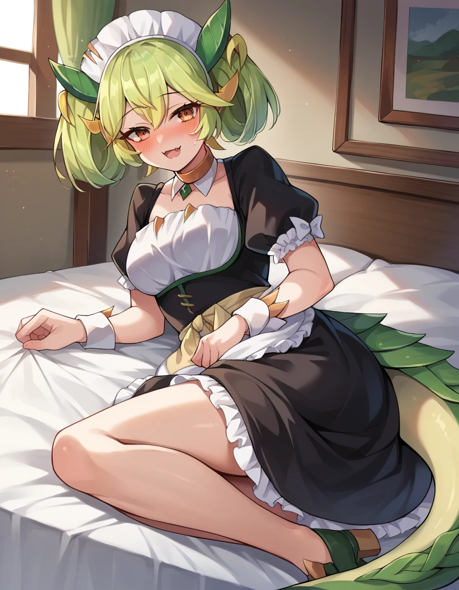 score_9, score_8_up, score_7_up, source_anime,
parlordragonmaid, <lora:parlor-dragonmaid-ponyxl-lora-nochekaiser:1>,
parlor dragonmaid, dragon girl, green hair, brown eyes, dragon tail,
clothing cutout, dress, frilled dress, frills, maid, tail,
indoors, bed, bed room, on side, blush, drunk,
looking at viewer, cowboy shot, dutch angle,