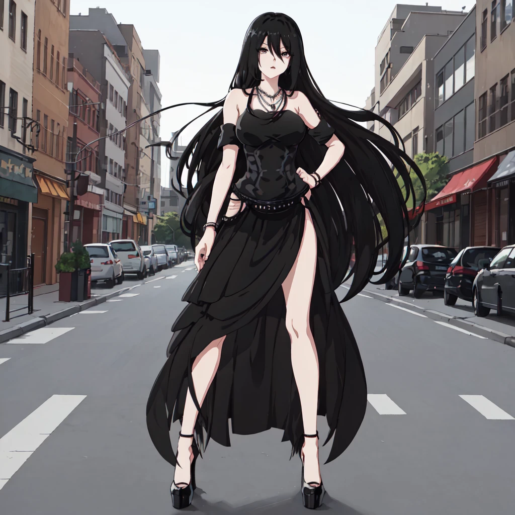 <lora:Mew:1>outdoor,street,Masterpeace,high quality,Mew, 1girl, solo, long hair, black hair, hair between eyes, bare shoulders, shoes, necklace, black footwear, black eyes, black dress, high heels, standing, full body, hand on hip