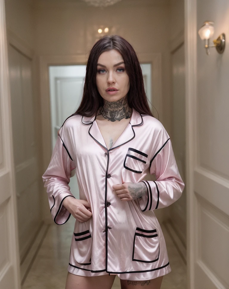 Marvel Cinematic Universe cinematic photo <lora:quiron_Tabitha Poison_v1_Lora:0.87> TabithaPoisonQuiron, , RAW, (Dutch angle), makeup, a face of perfect proportion, Depth of field, Standing, Pendant, Minimalist Pink Matching family pajamas with Club, . 35mm photograph, film, bokeh, professional, 4k, highly detailed . Superheroes, epic battles, colorful, highly detailed