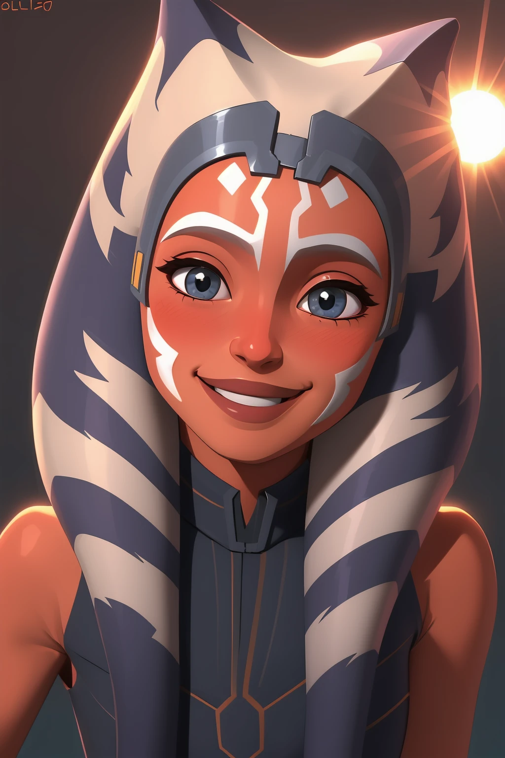 (masterpiece), (best quality), ahsoka tano, young, mandalorian armor, smile, blushing, sun light