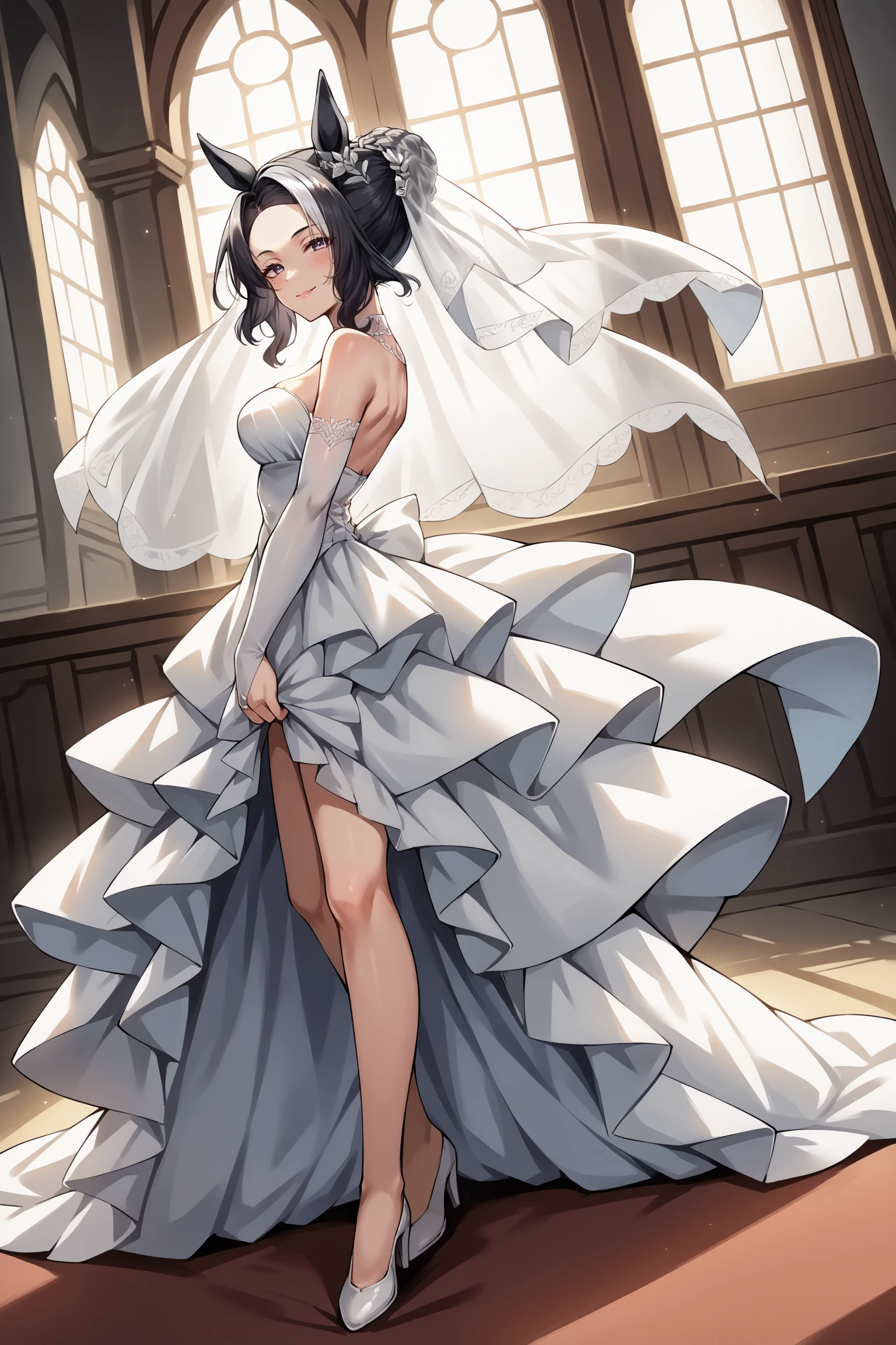 score_9, score_8_up, score_7_up, , rating_general,1girl , rmnsd, horse girl, multicolored hair, braided bun, streaked hair, ear ornament, mole under eye, wedding dress, bridal veil, bridal gauntlets,  dynamic angle , source_anime,  cowboy shot, indoors, naughty face, smile, <lora:MejiroRamonuPDCAMEv3 UMA:1>, full body, from side,