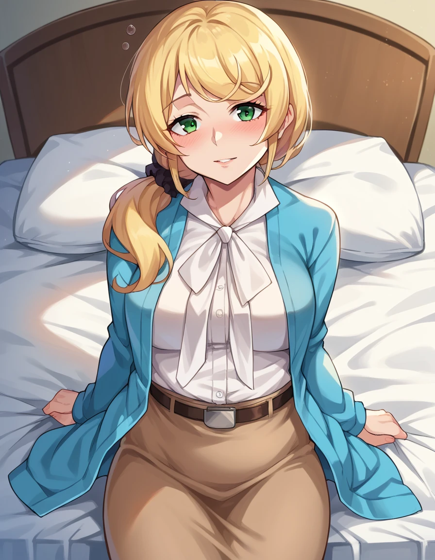 score_9, score_8_up, score_7_up, source_anime,
ellenbaker, <lora:ellen-baker-ponyxl-lora-nochekaiser:1>
ellen baker, blonde hair, green eyes, long hair, ponytail, scrunchie, mature female,
shirt, white shirt, collared shirt, cardigan, blue cardigan, belt, skirt, brown skirt, pencil skirt,
indoors, bed, bed room, on side, blush, drunk,
looking at viewer, cowboy shot, dutch angle,