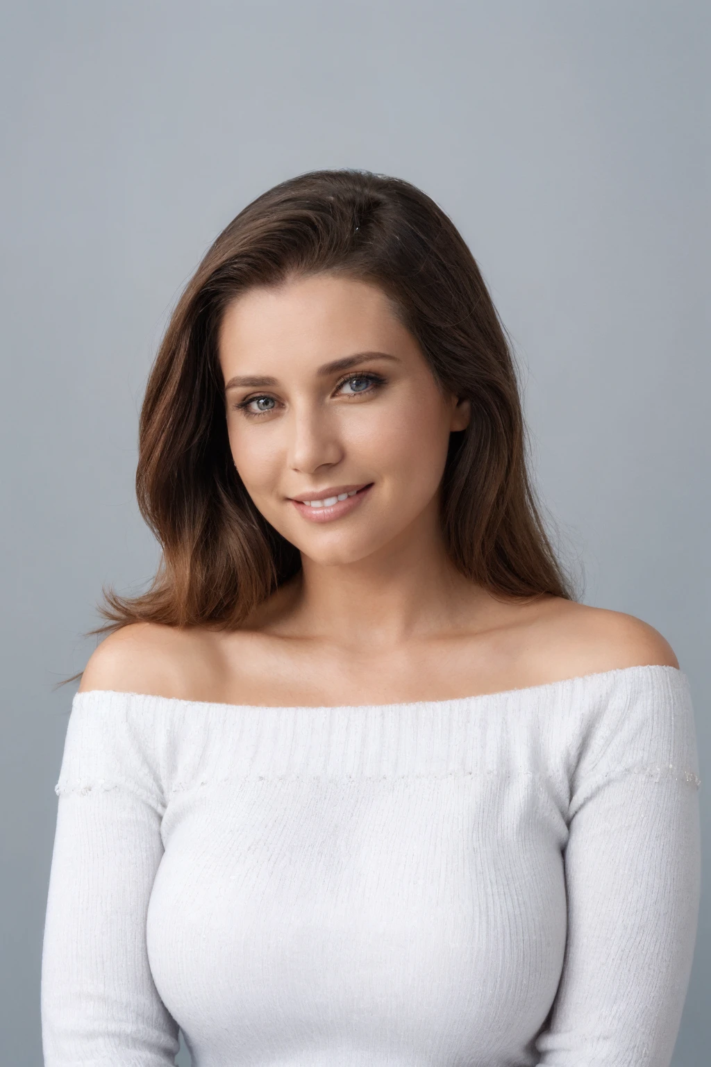 breathtaking (a close up:1.6) shot photo of <lora:erica-campbell:.9>, a woman, smile, wearing a white off shoulder sweater, blue jeans, upper body, eye level, grey background . award-winning, professional, highly detailed