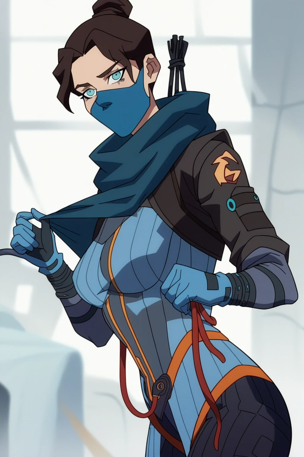 score_9, score_8_up, score_7_up,apex_legends quarantine_722_wraith wraith_(apex_legends) 1girl black_hair blue_eyes bodysuit breasts cable from_side frown gloves grey_bodysuit grey_gloves hair_behind_ear long_hair looking_at_viewer mask_pull medium_breasts no_pupils nose_piercing official_alternate_costume piercing ponytail simple_background solo white_background