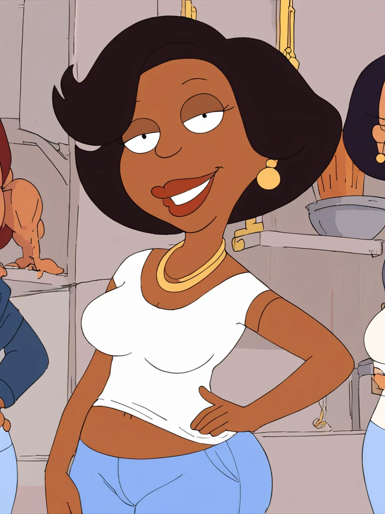 <lora:donnapony2:1> donna, dark skin, black hair, dark-skinned female, 1girl, jewelry, earrings, short hair, solo, necklace, flat color, shirt, white shirt, lipstick, pants,upper body, smile, blue pants,hand on own hip, looking at viewer, simple background, mature female,score_9, score_8_up, score_7_up