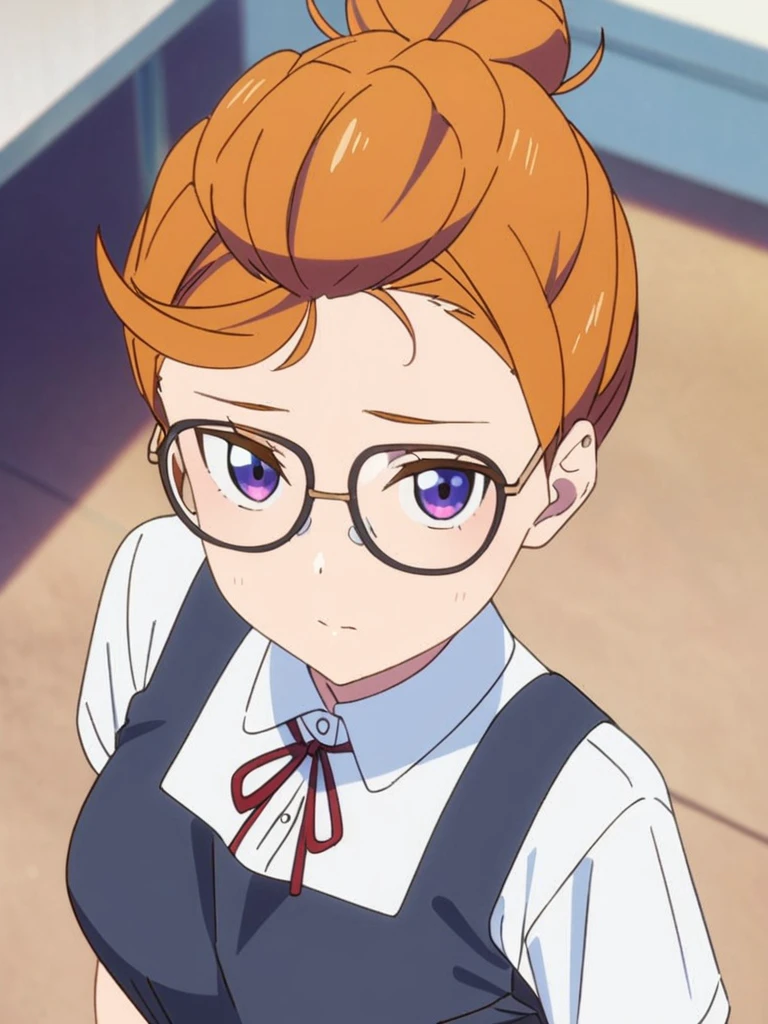masterpiece, best quality, very aesthetic, absurdres, upper body, close, (slightly above:1.2),
<lora:kanon-sdxl-000048:0.9>,
shibuyakanon, orange hair, short hair, medium breasts, kanoncasual, no bangs, hair bun, glasses, looking at viewer, shy,
school uniform, pinafore dress, red ribbon