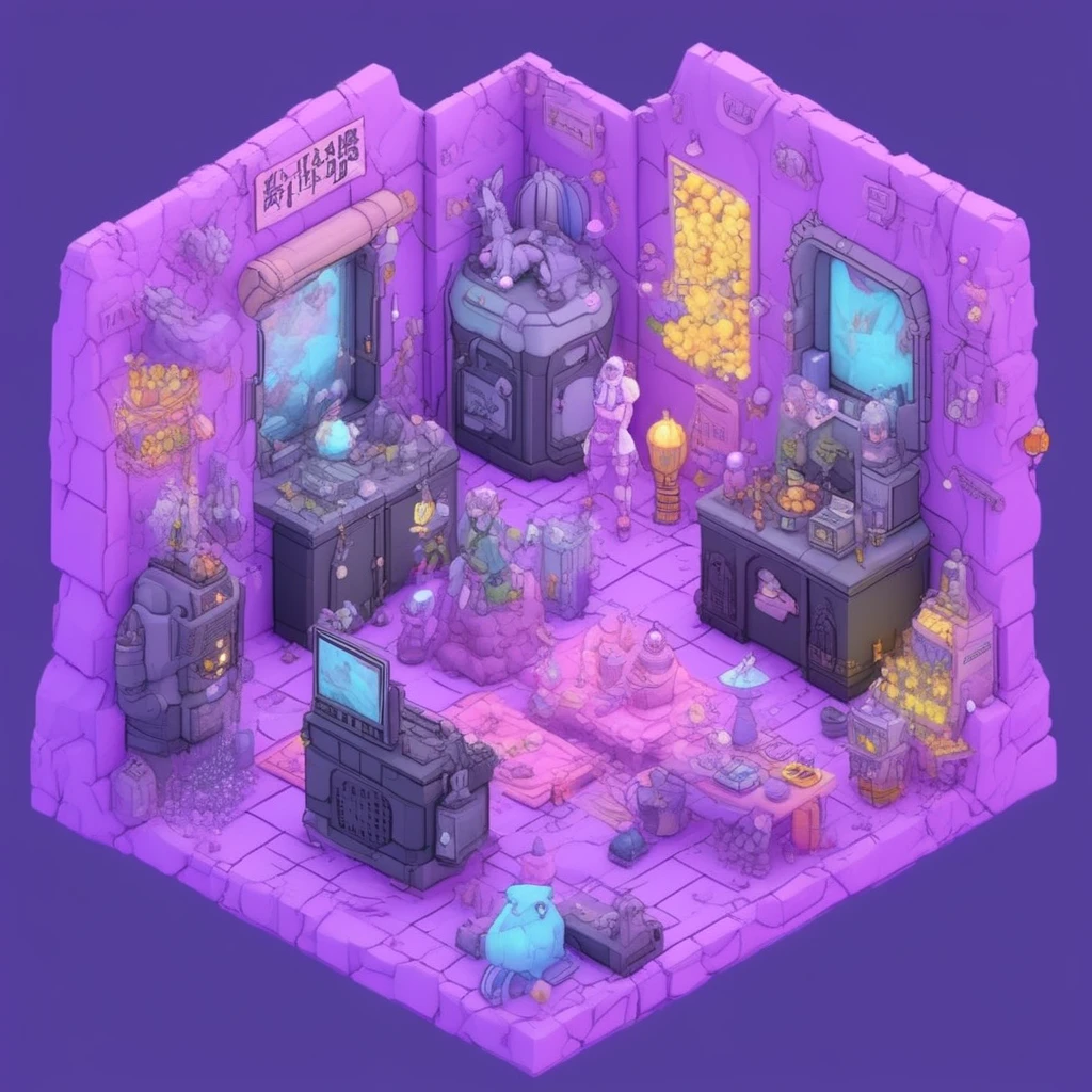 neon isometric, fruit, purple flower, cable, watermark, trash can, bush, jewelry, fireplace, rock, candle, isometric diorama, english text, no humans, broom riding, blue hair, mask, speaker, underwater, power armor, black hair, blonde hair, chinese text, lamp, animal, crystal