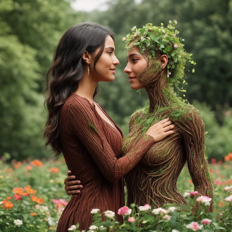 A beautifully intertwined couple, embraced in the midst of a blossoming forest. The image captures their passionate love amidst the vibrant greenery and delicate flowers. blooming natural setting., golden ratio, minimalistic, unfinished, concept art, by Brian Froud and Carne Griffiths and Wadim Kashin and John William Waterhouse, intricate details, 8k post production, high resolution, hyperdetailed, trending on artstation, sharp focus, studio photo, intricate details, highly detailed, by greg rutkowski
