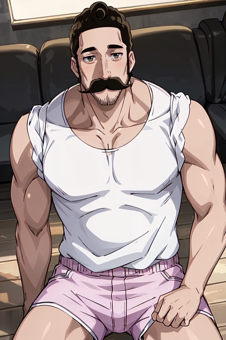 masterpiece, best quality, ultra-detailed, glistening shiny, glowing light, ray tracing, HDR, deph of field, (perfect face, detailed face), 1boy, <lora:Alaindelon:0.8>, alaindelon, mustache, facial hair, muscular, white tank top, pink shorts