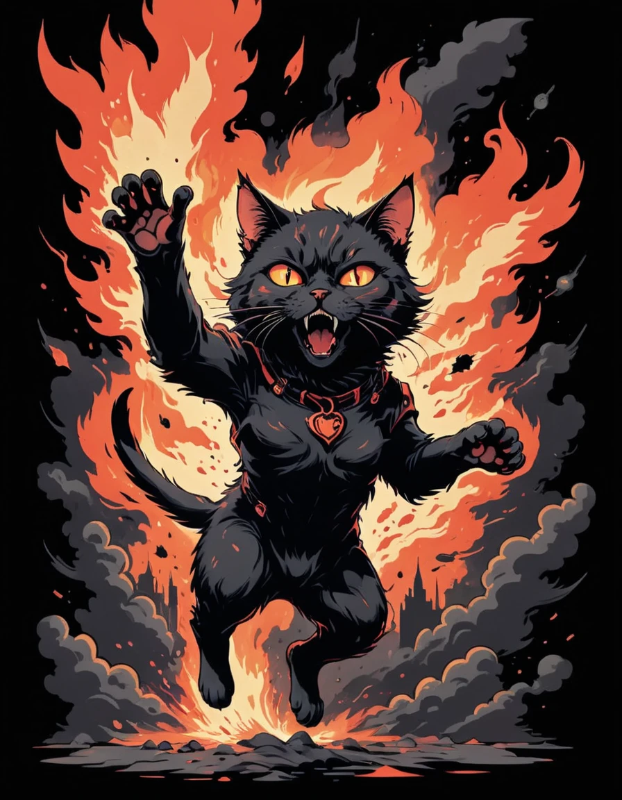 Black cat (fur standing on end:1.1) mid-air, (paws outstretched:1.1), (jumping from explosion:1.1), (red and orange flames:1.1) billowing, (smoke:1.1) rising, (surprised expression:1.1) on cat's face, (intense heat:1.1), (shockwave:1.1) radiating, (chaotic scene:1.1), (dramatic action:1.1), (sharp contrast:1.1) between cat and explosion, (dark outline:1.1) around cat, (quick movement:1.1).
