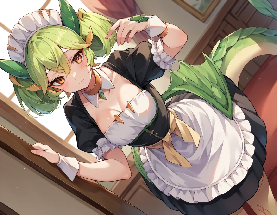 score_9, score_8_up, score_7_up, source_anime,
parlordragonmaid, <lora:parlor-dragonmaid-ponyxl-lora-nochekaiser:1>,
parlor dragonmaid, dragon girl, green hair, brown eyes, dragon tail,
clothing cutout, dress, frilled dress, frills, maid, tail,
indoors, bent over,
looking at viewer, cowboy shot, dutch angle,