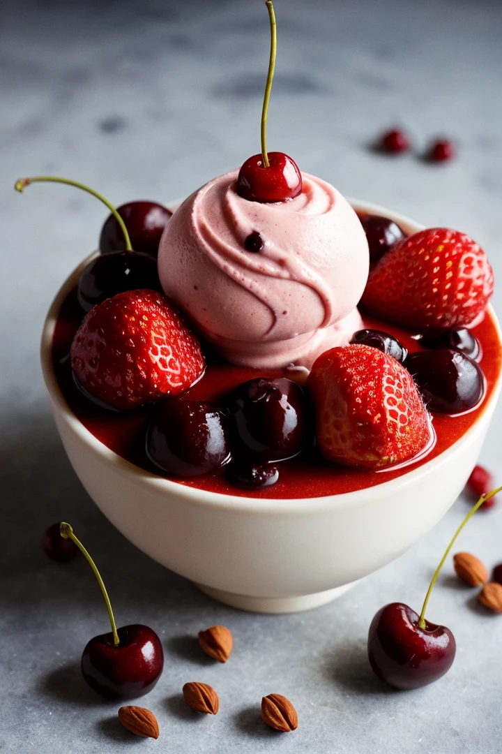 photo for an Instagram post,food photography, food explosion,a macroscopic photograph of strawberry ice cream with cherry cream, ice cubes, maraschino cherries, blueberries, lychees , hundreds and thousands, dark chocolate sauce, nuts, mint leaves, splashing dark chocolate sauce, in a gradient honey coloured background, fluid motion, dynamic movement,action shot,sweetscape, oversized fruit, caramel theme, , chiaroscuro, analog photo from album, aesthetic, cold cool pastel colors, white hatchted highlights,film grain,Lens flare, hyper realistic,fine textures,high quality textures of materials, volumetric textures, natural textures, (natural colors, correct white balance, color correction, dehaze,clarity)