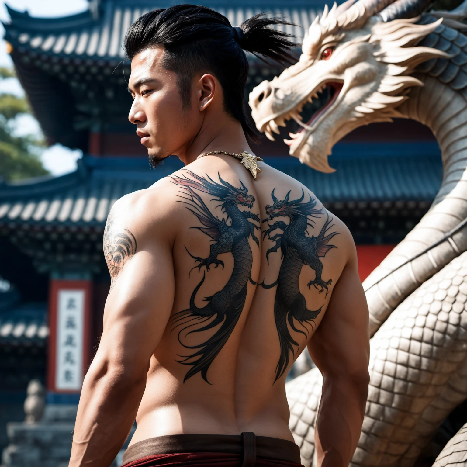 a close up of a man with a tattoo on his back, trending on cgsociety art, akira from chinese mythology, devinart, from kenshin, fullbody commission for, dramatic backgroung, hyperrealisticâ, dragon! man, photo - real, trending on artstaton, dramatic lightin, asian descent, style of aenami alena, jesse mccree
